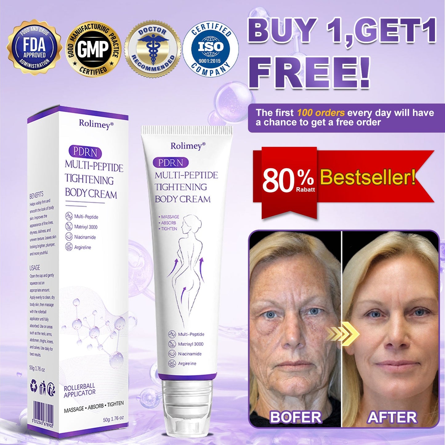 ✨Rolimey® PDRN Multi-Peptide Massaging Roller Cream - Anti-aging, Hydrating, Skin Firming & Lifting, Skin Repair, Even Tone, Acne and Dark Spot Treatment, Wart and Mole Removal, and Psoriasis Relief.