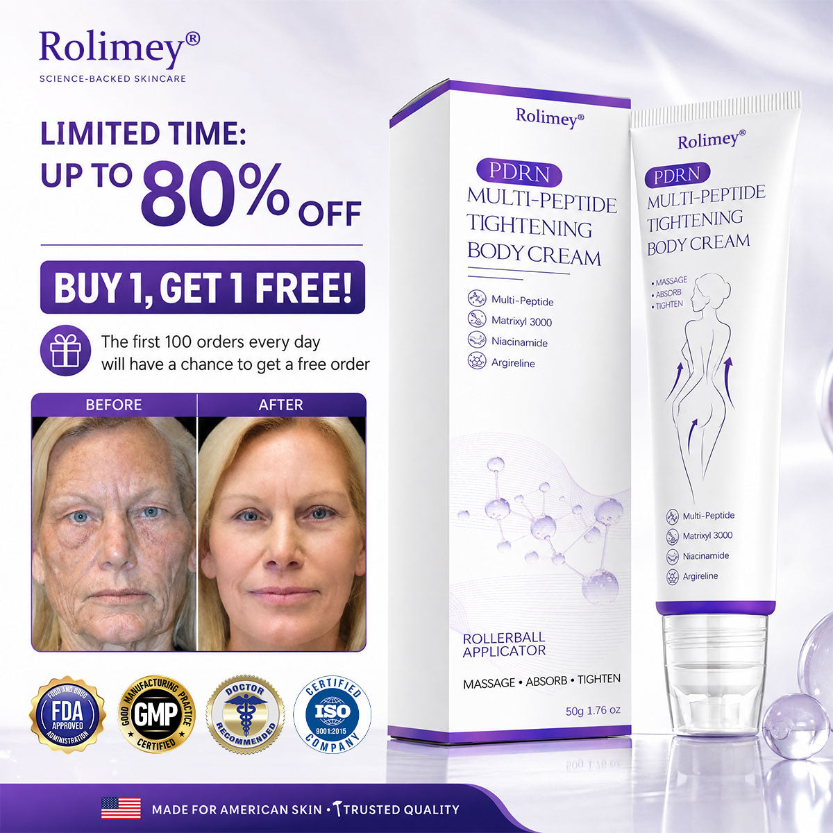 ✨Rolimey® PDRN Multi-Peptide Massaging Roller Cream - Anti-aging, Hydrating, Skin Firming & Lifting, Skin Repair, Even Tone, Acne and Dark Spot Treatment, Wart and Mole Removal, and Psoriasis Relief.